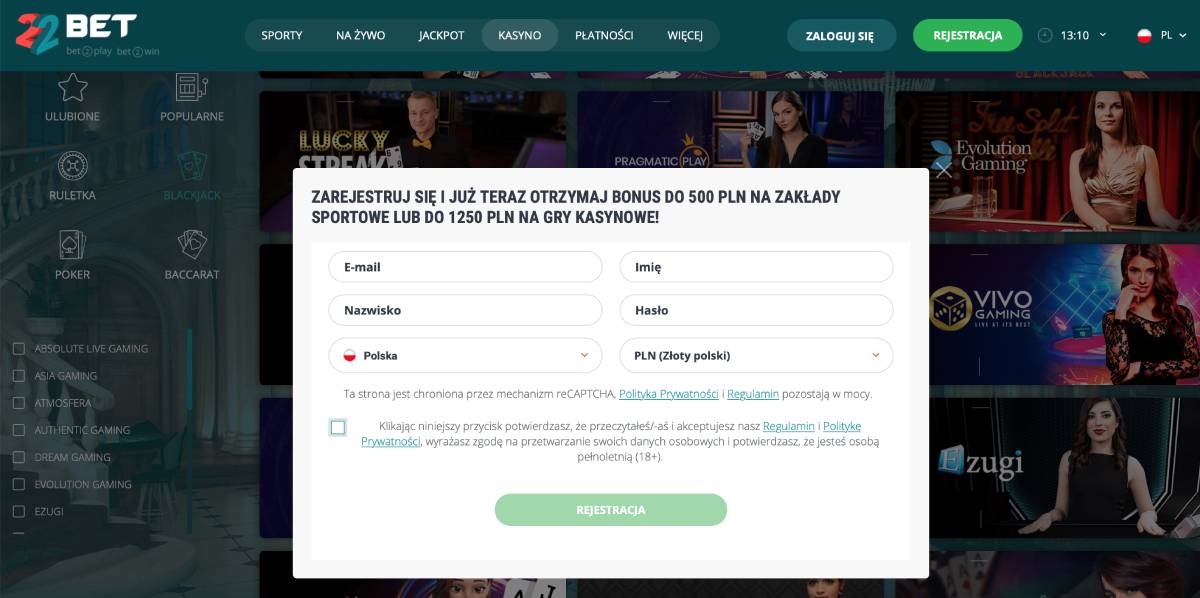 rejestracja w 22 Bet Casino