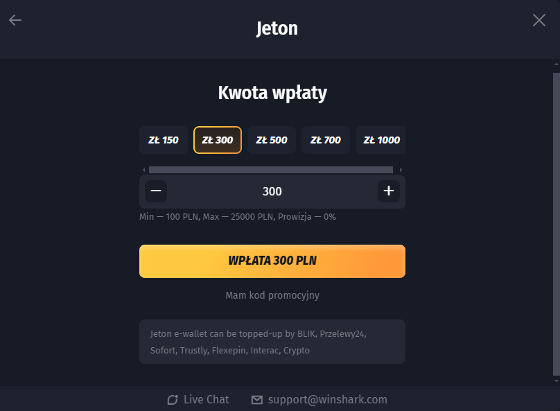 kwota wplaty jeton w winshark